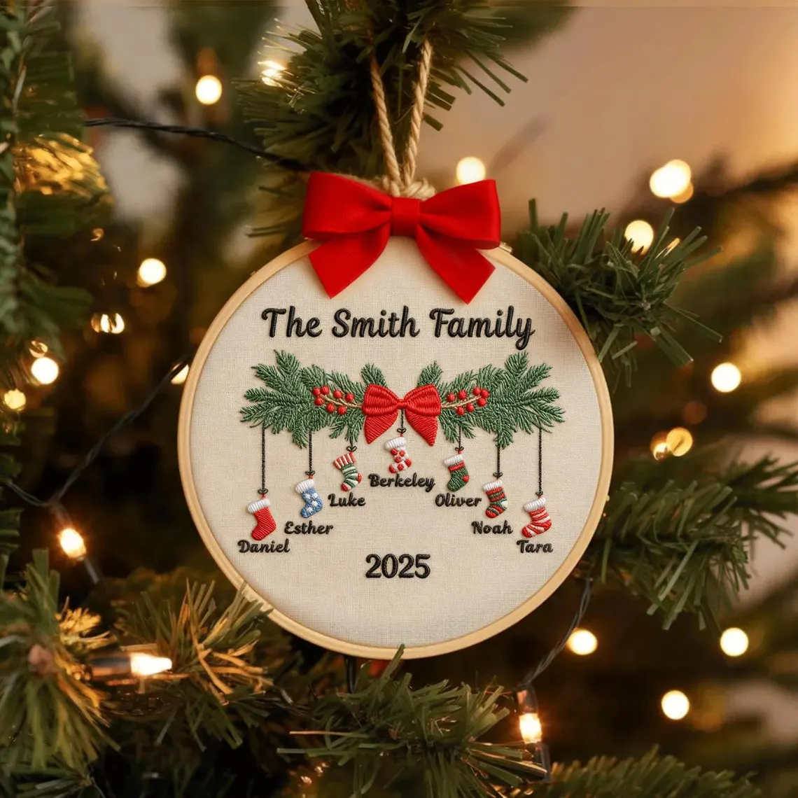 Personalized Family Christmas Embroidery Ornament 2025 | Stockings on Mantel - Image 7