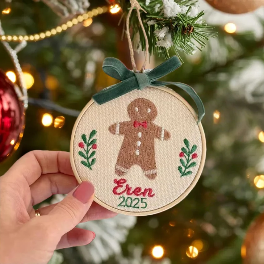 Personalized First Christmas Ornament | Embroidered Gingerbread Design - Image 2