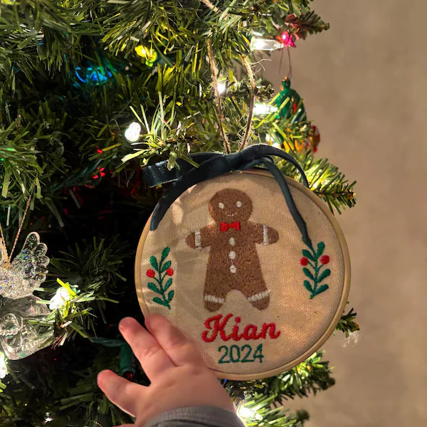 Personalized First Christmas Ornament | Embroidered Gingerbread Design - Image 3