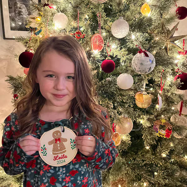Personalized First Christmas Ornament | Embroidered Gingerbread Design - Image 4