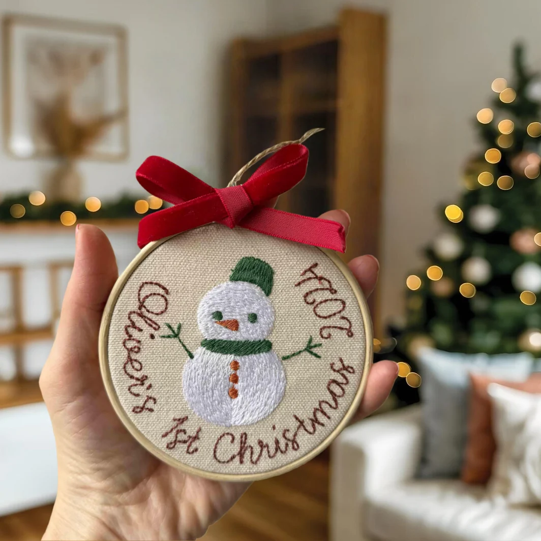 Personalized Embroidered First Christmas Ornament | Rocking Horse & Snowman - Image 2