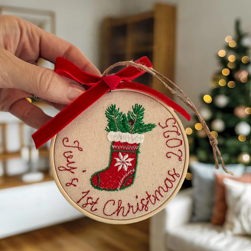 Personalized Embroidered First Christmas Ornament | Rocking Horse & Snowman - Image 3