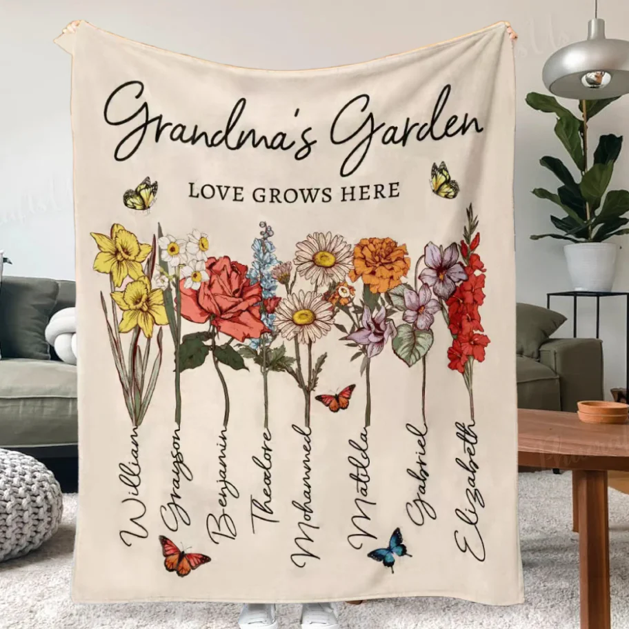 Custom Grandmas Garden Blanket Birth Month Flowers With Family Names - Image 3
