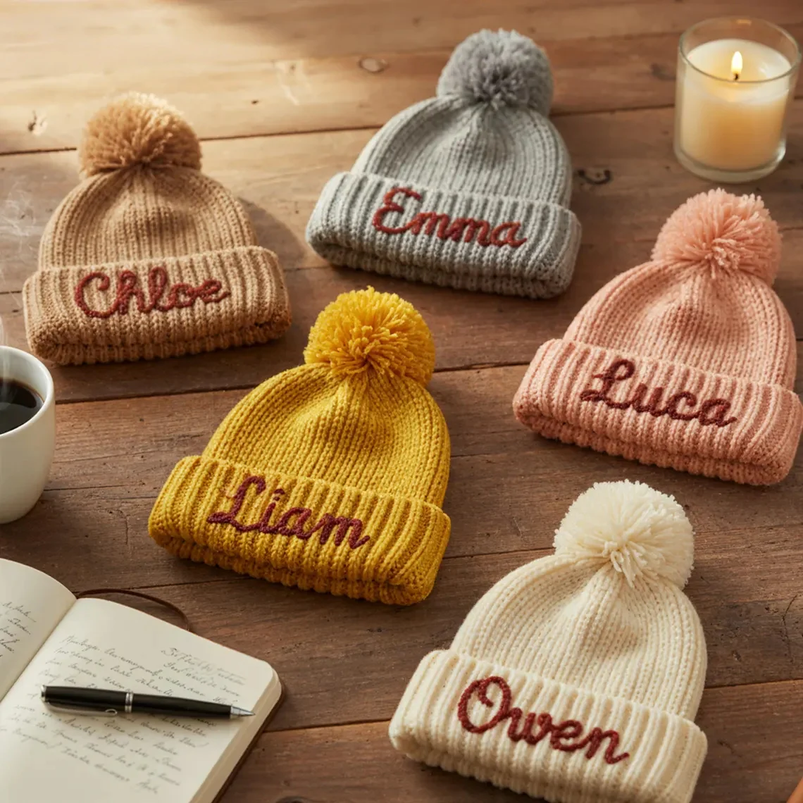 Personalized Hand Embroidered Kids Winter Hat with Pom Pom - Image 2