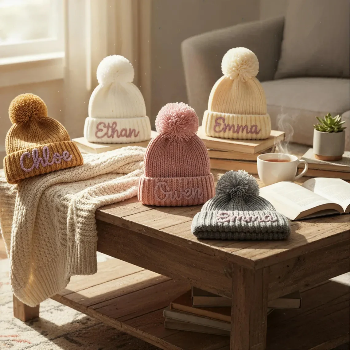 Personalized Hand Embroidered Kids Winter Hat with Pom Pom - Image 3