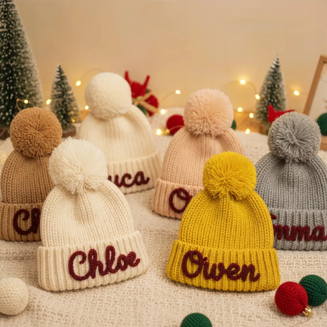 Personalized Hand Embroidered Kids Winter Hat with Pom Pom - Image 4