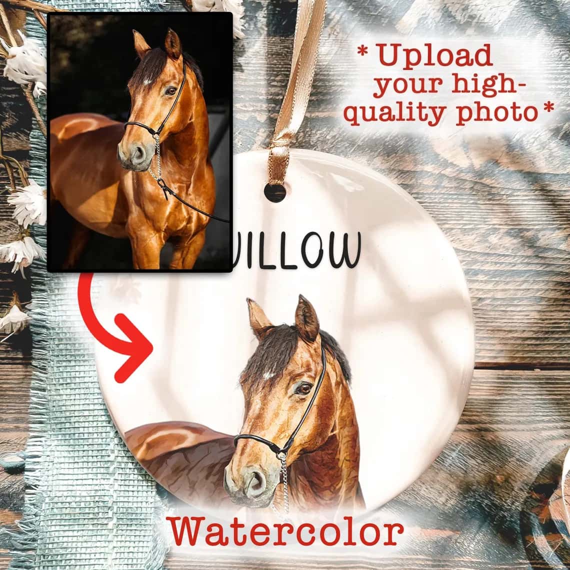 Personalized Horse Ceramic Ornament 2025 | Custom Watercolor Photo Gift - Image 5