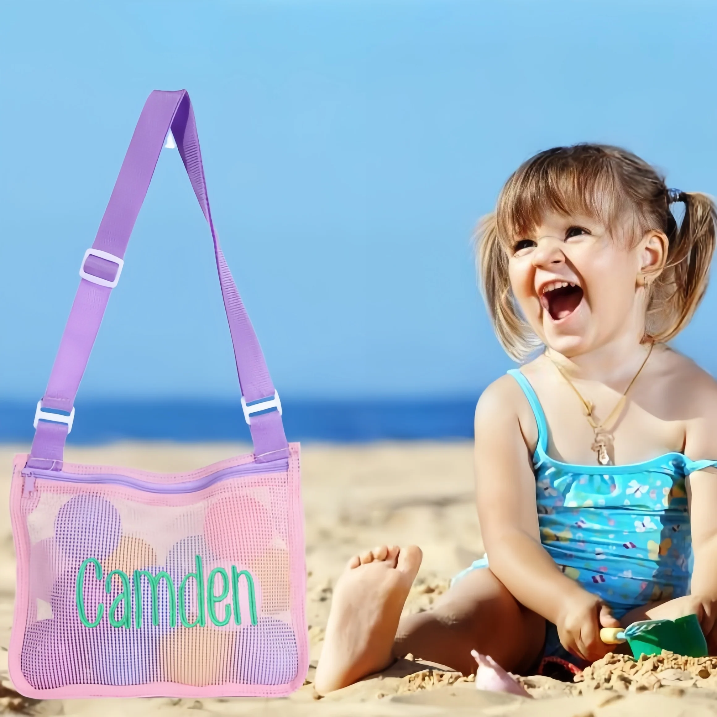 Personalized Name Mesh Seashell Beach Bag for Kids - Image 10