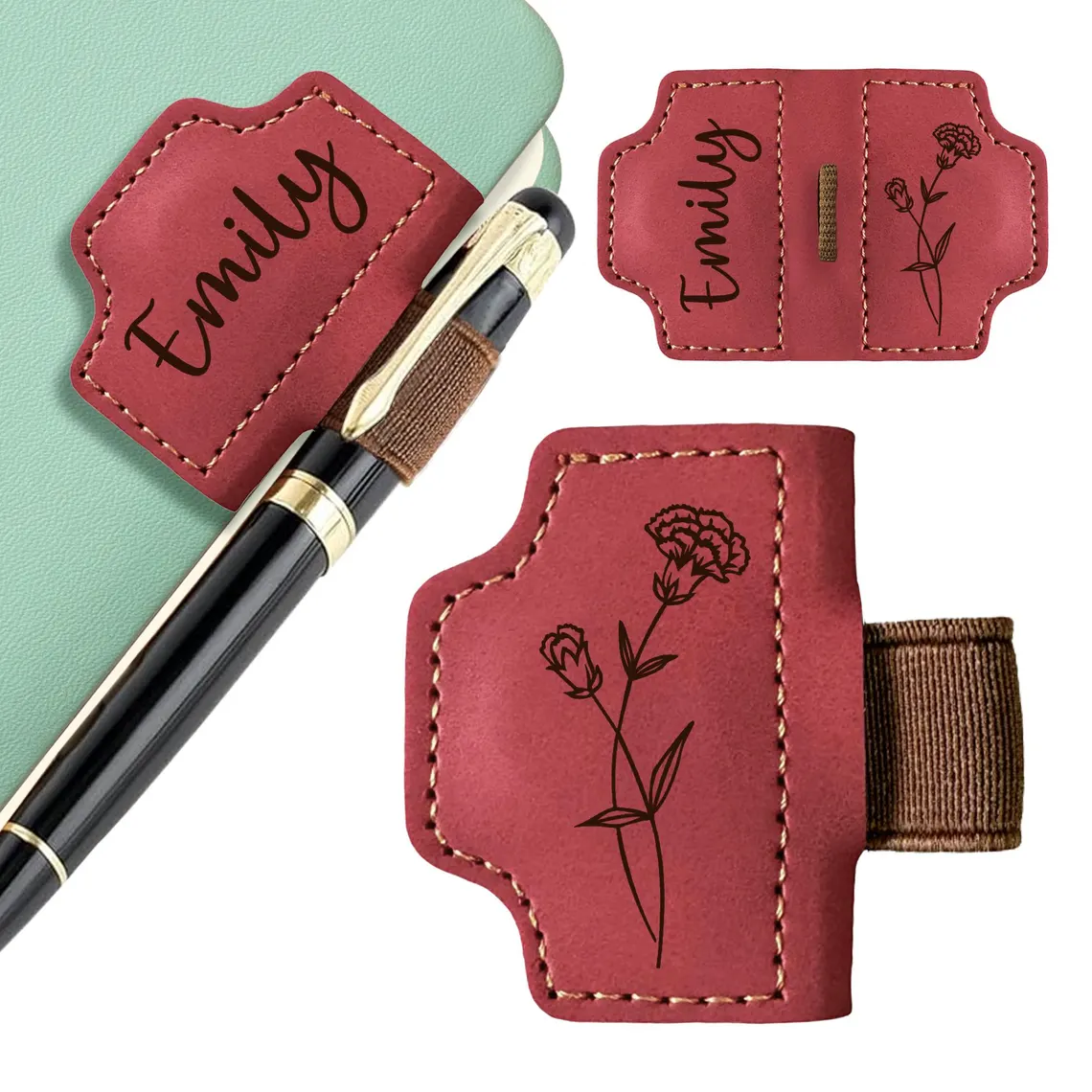 Personalized Leather Bookmark with Birth Flower & Pen Holder - Image 2