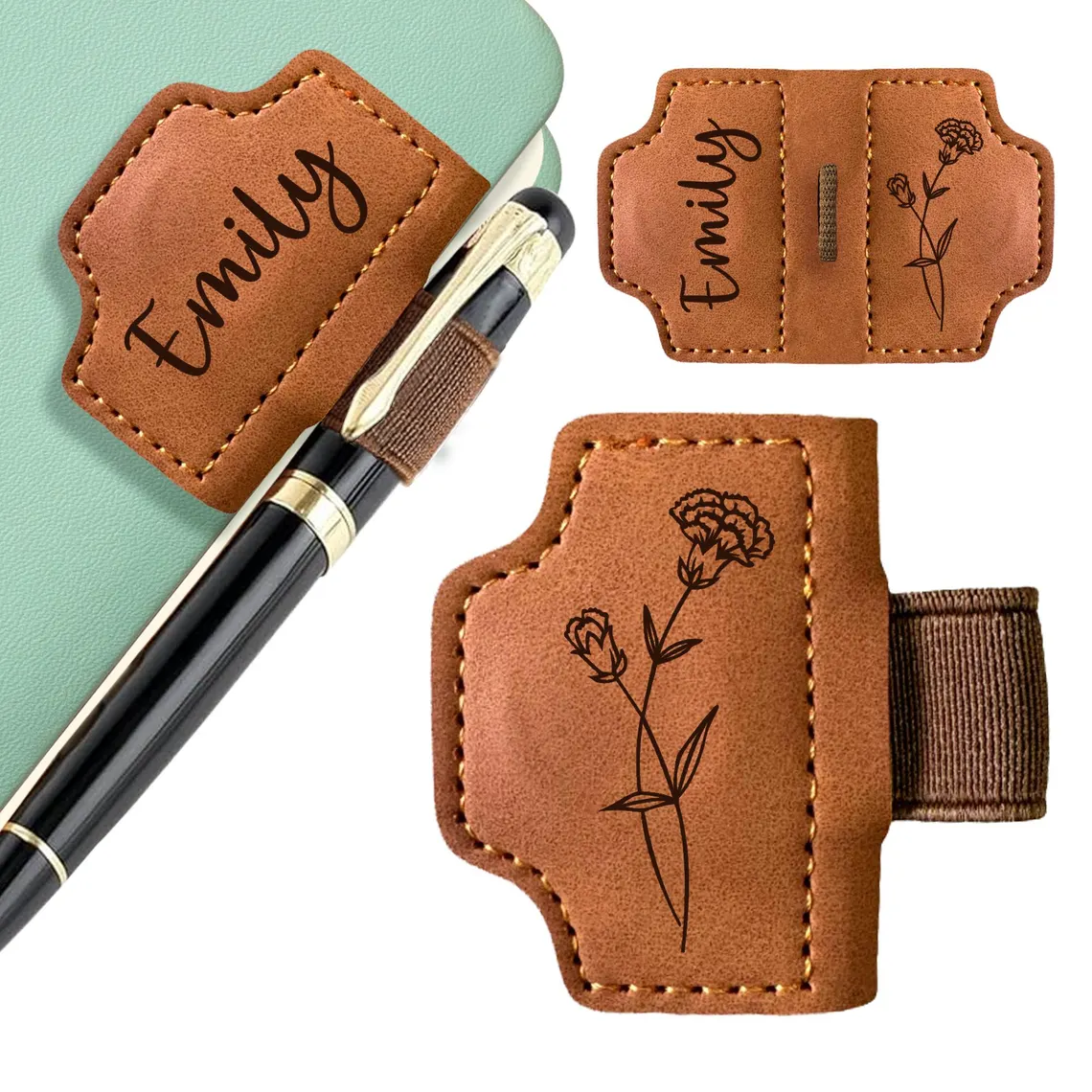 Personalized Leather Bookmark with Birth Flower & Pen Holder - Image 3