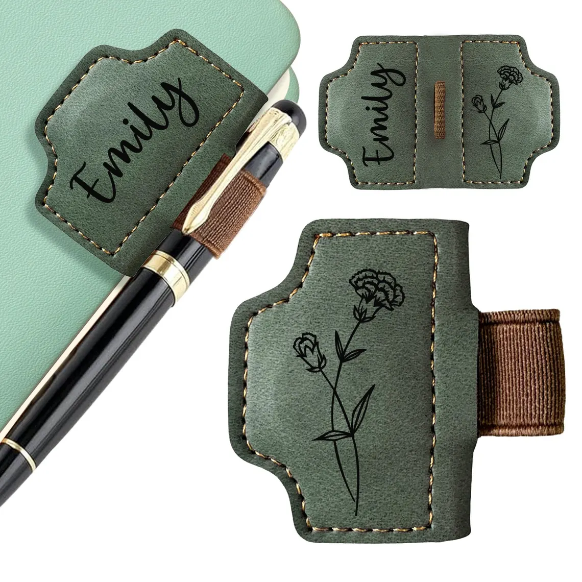 Personalized Leather Bookmark with Birth Flower & Pen Holder - Image 4