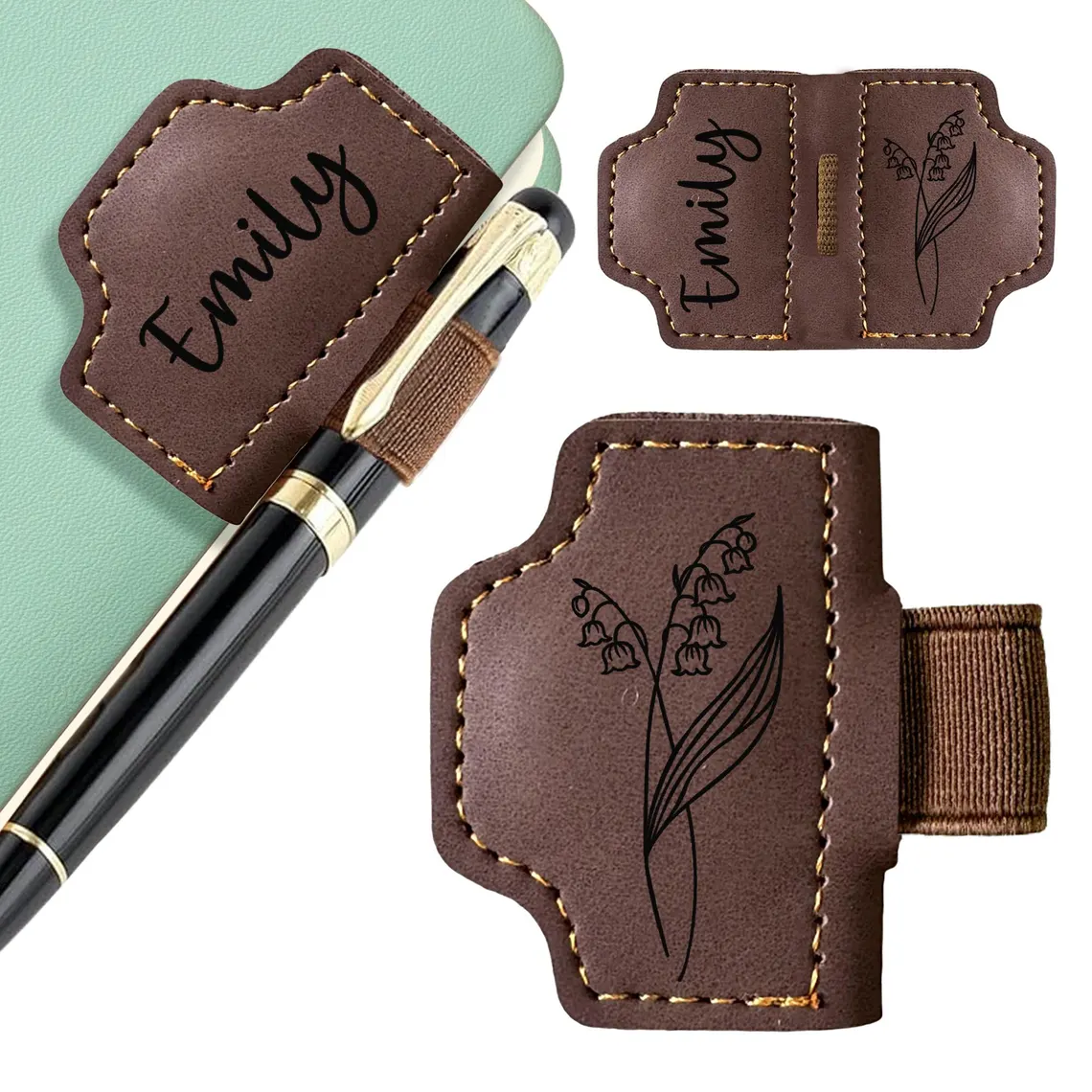 Personalized Leather Bookmark with Birth Flower & Pen Holder - Image 5