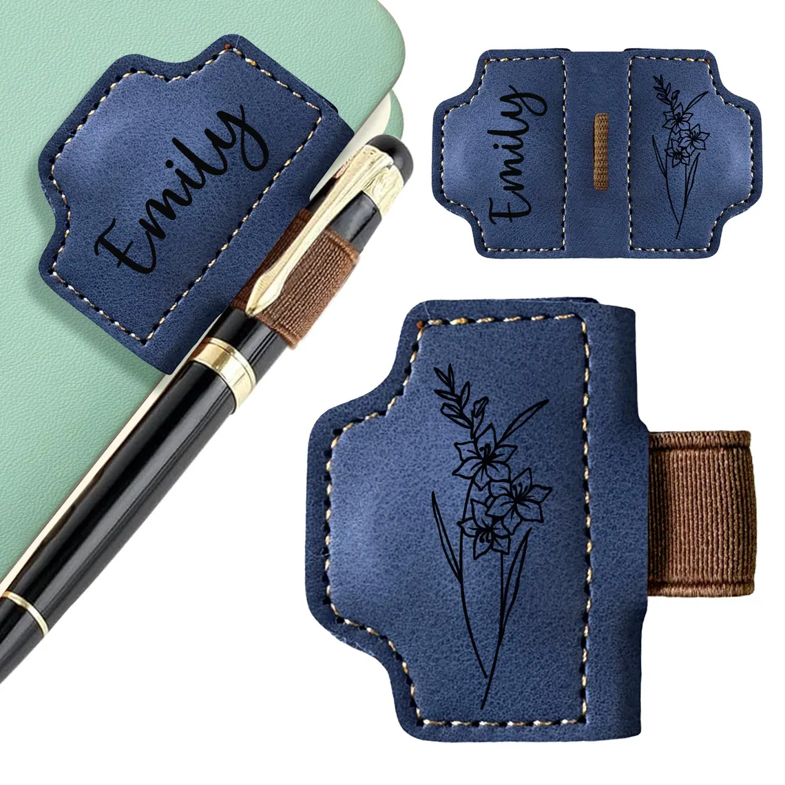 Personalized Leather Bookmark with Birth Flower & Pen Holder - Image 6