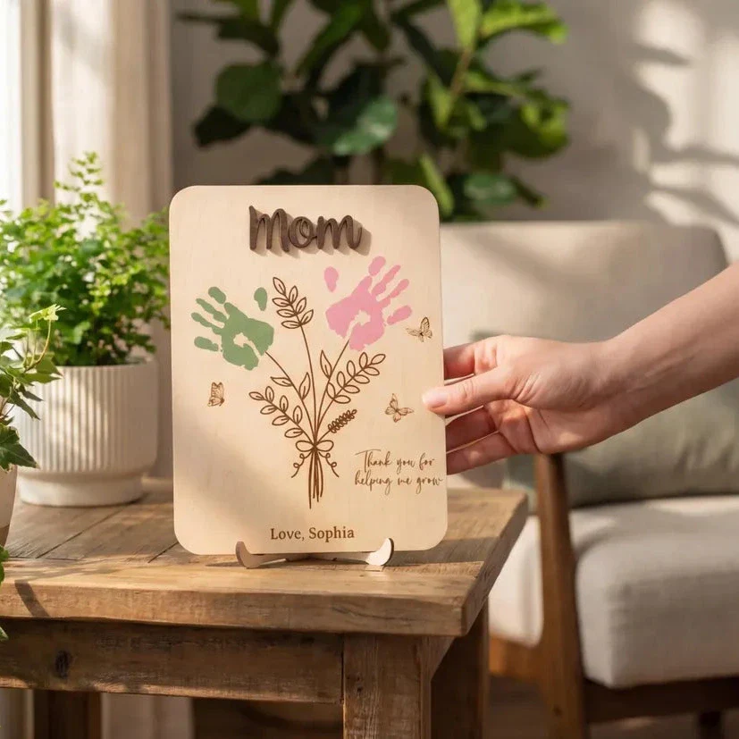 Personalized Mom Handprint Flower Wooden Sign Gift - Image 2