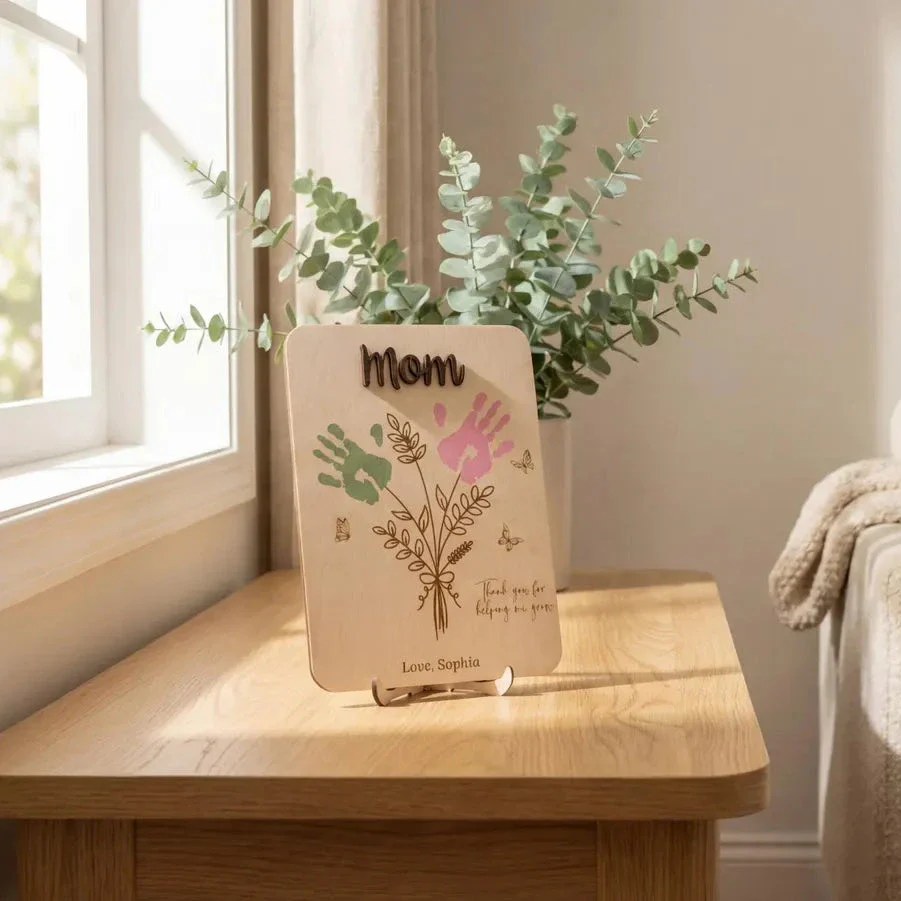 Personalized Mom Handprint Flower Wooden Sign Gift - Image 3