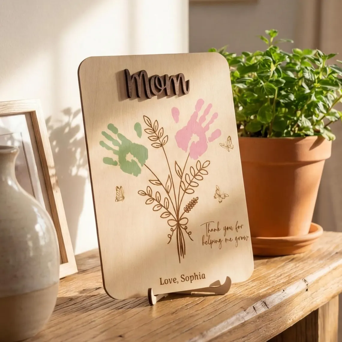 Personalized Mom Handprint Flower Wooden Sign Gift - Image 4