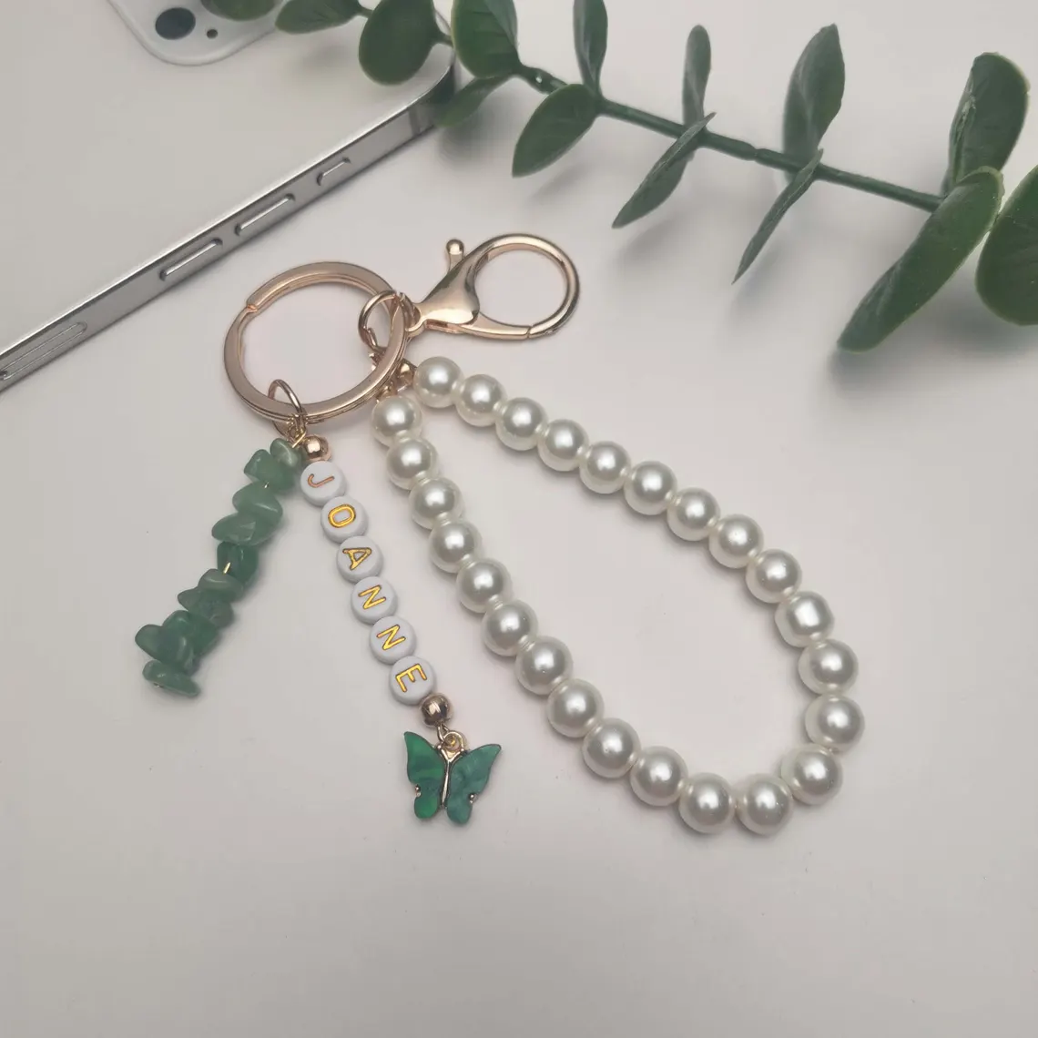 Personalized Name Keyring – Crystal, Butterfly & Pearl Charm - Image 3