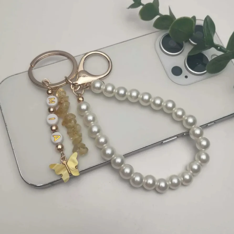 Personalized Name Keyring – Crystal, Butterfly & Pearl Charm - Image 4