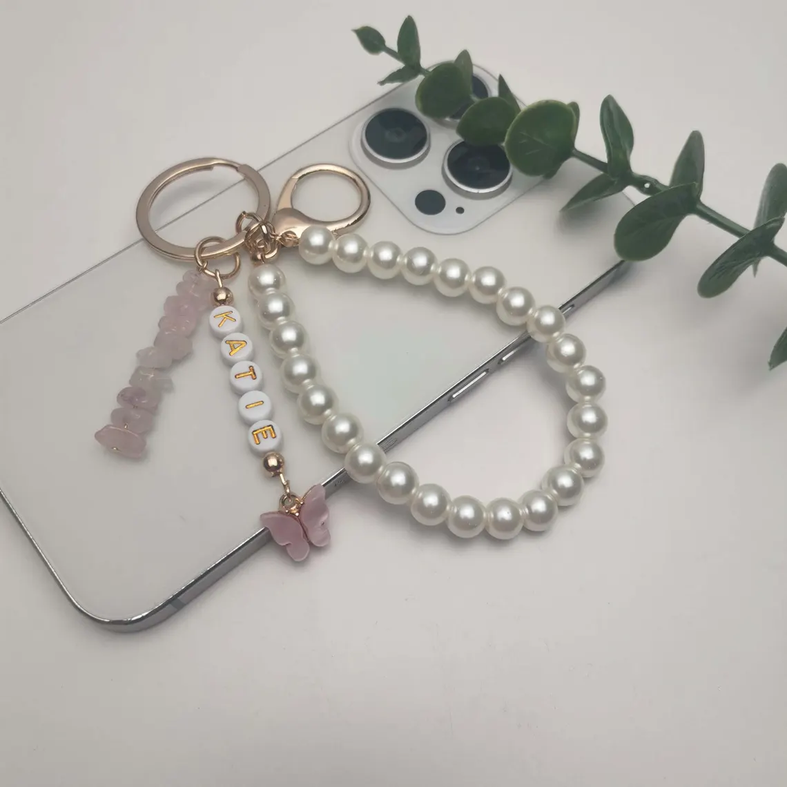 Personalized Name Keyring – Crystal, Butterfly & Pearl Charm - Image 5