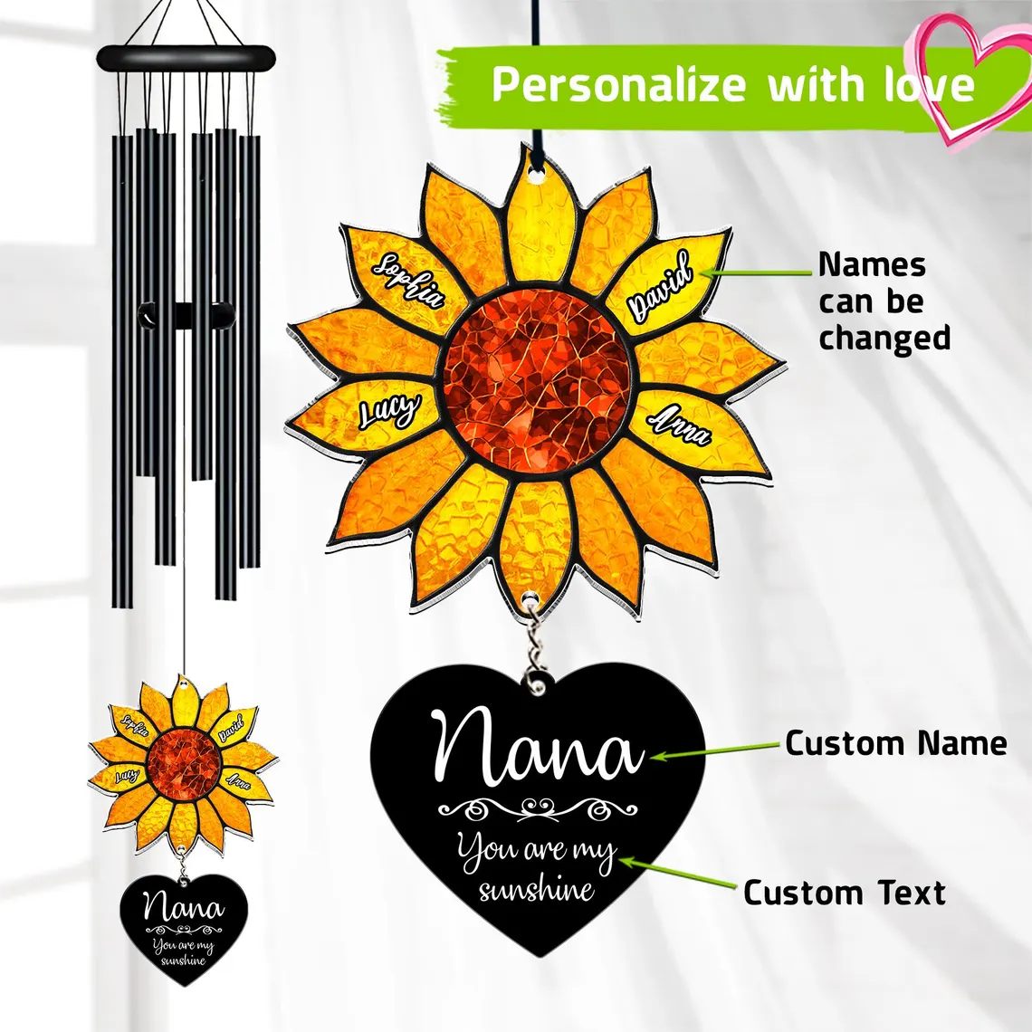 Personalized Nana Sunflower Wind Chime – Custom Grandma Gift - Image 5