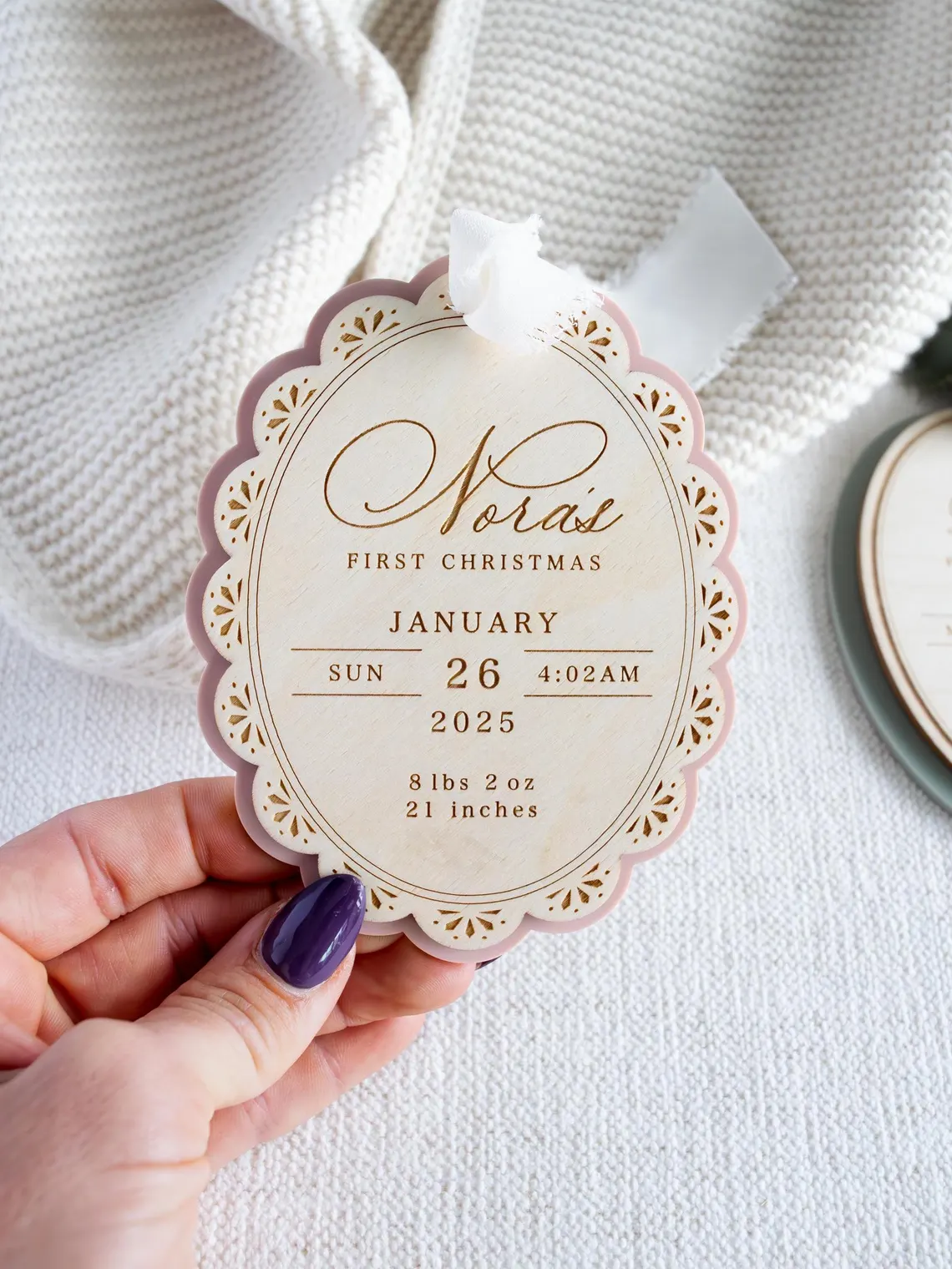 Personalized Baby’s First Christmas Ornament – Engraved Wood Birth Stats - Image 2