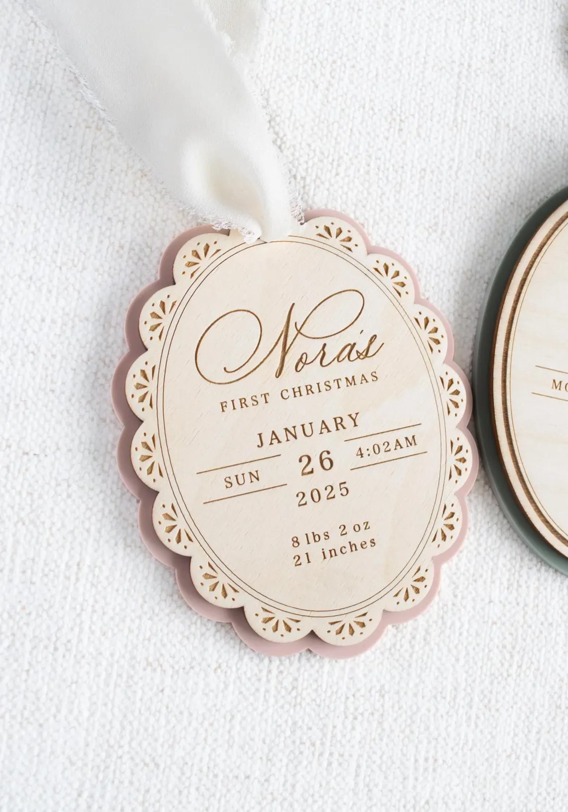 Personalized Baby’s First Christmas Ornament – Engraved Wood Birth Stats - Image 6