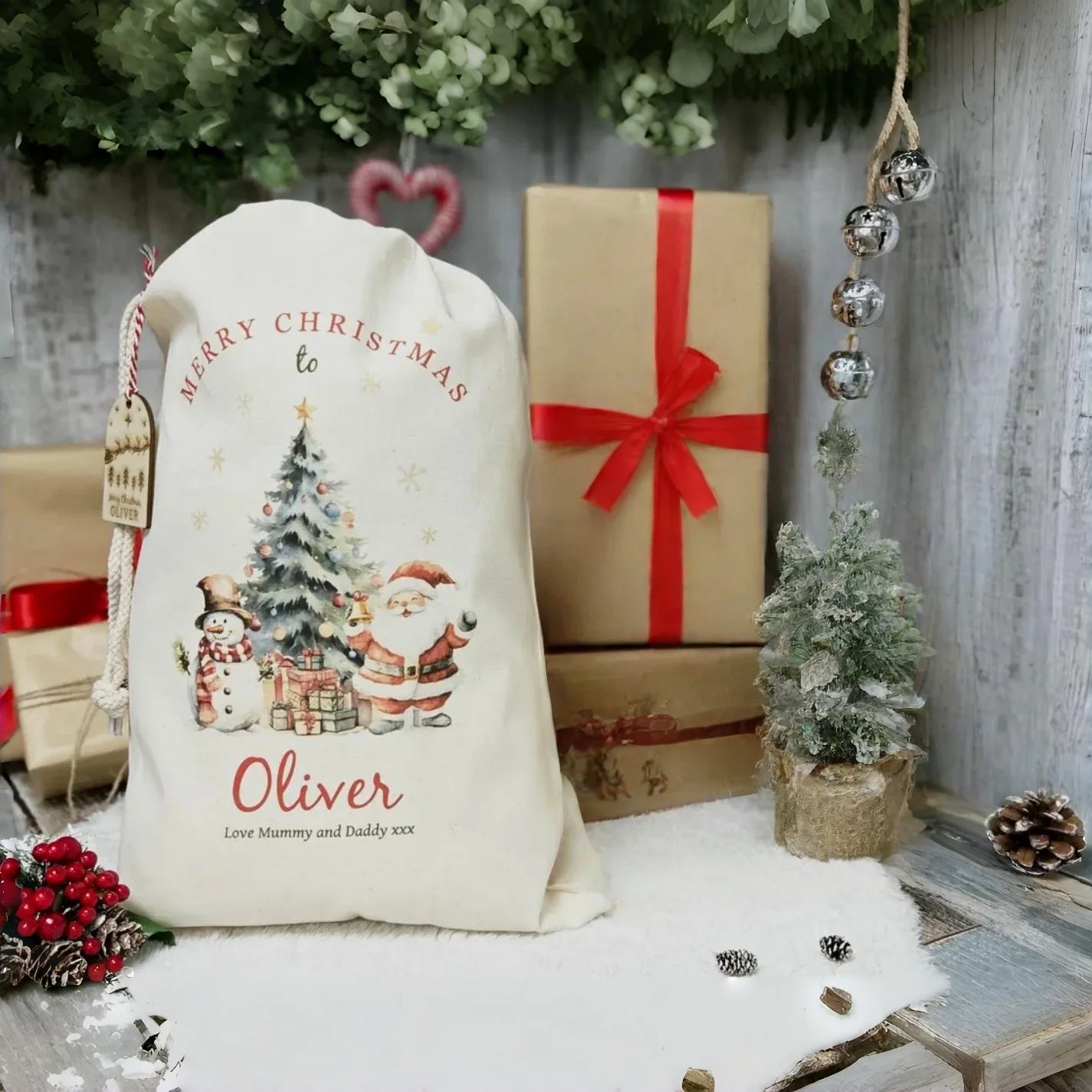 Personalized Santa Sack – Custom Christmas Gift Bag with Name & Wooden Tag - Image 2