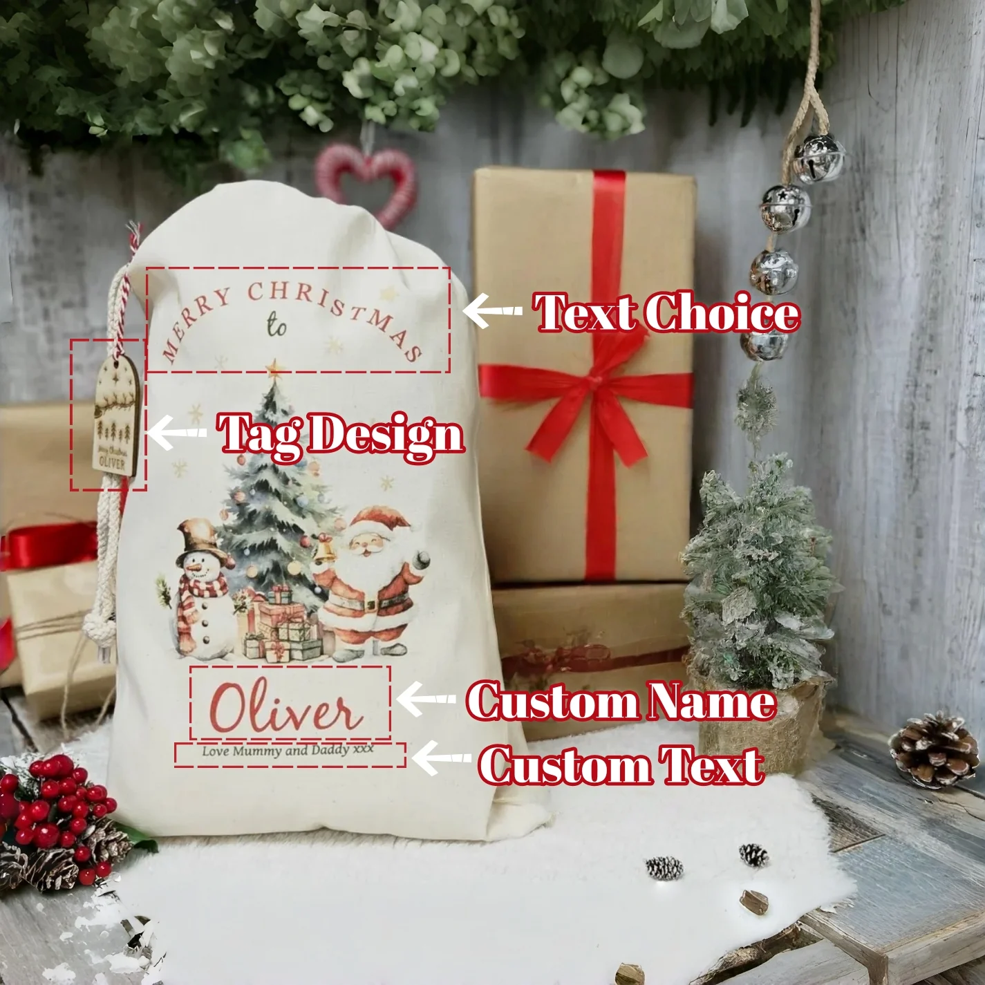 Personalized Santa Sack – Custom Christmas Gift Bag with Name & Wooden Tag - Image 3