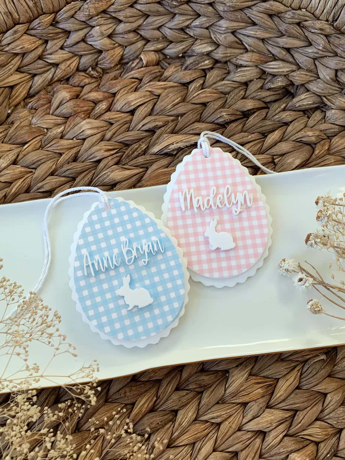 Personalized Scalloped Easter Egg Basket Tag Floral and Gingham - Image 3