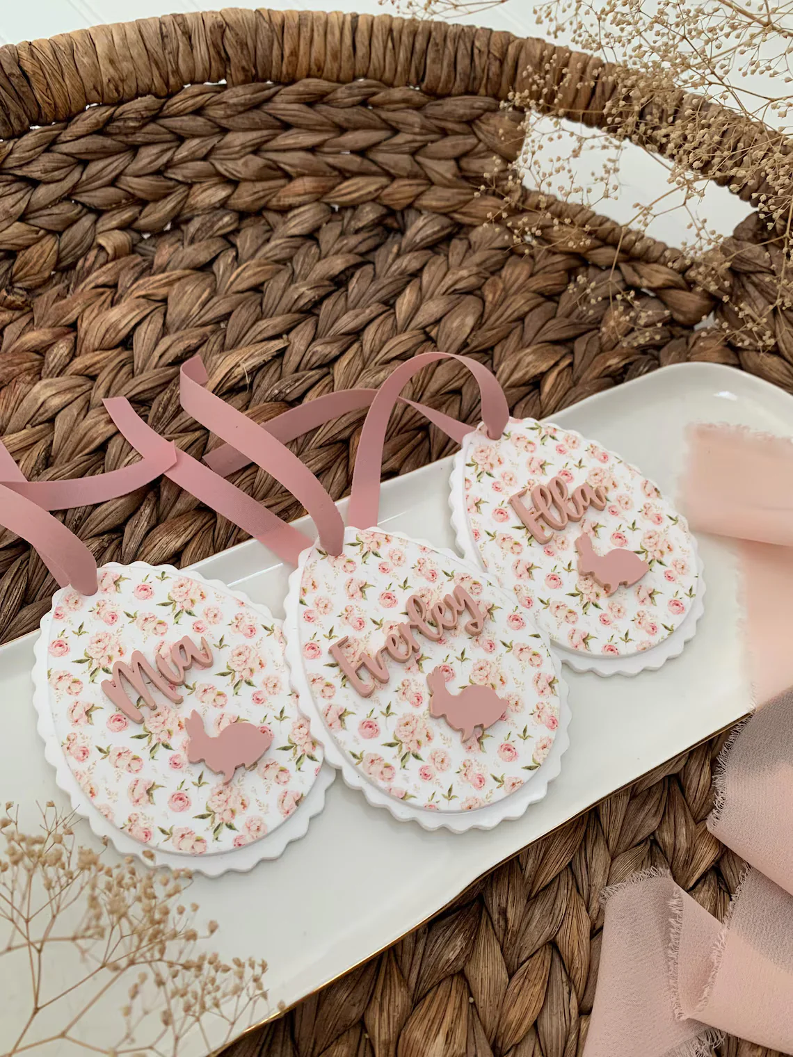 Personalized Scalloped Easter Egg Basket Tag Floral and Gingham - Image 5