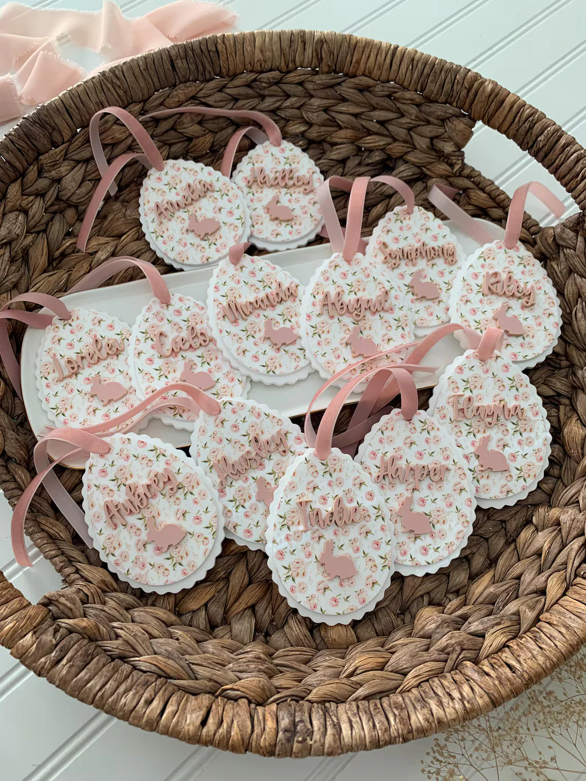 Personalized Scalloped Easter Egg Basket Tag Floral and Gingham - Image 6