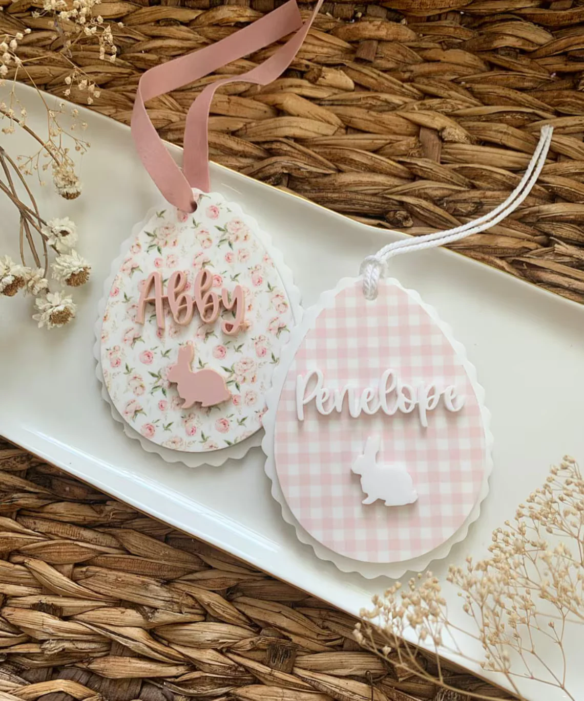 Personalized Scalloped Easter Egg Basket Tag Gingham - Image 2