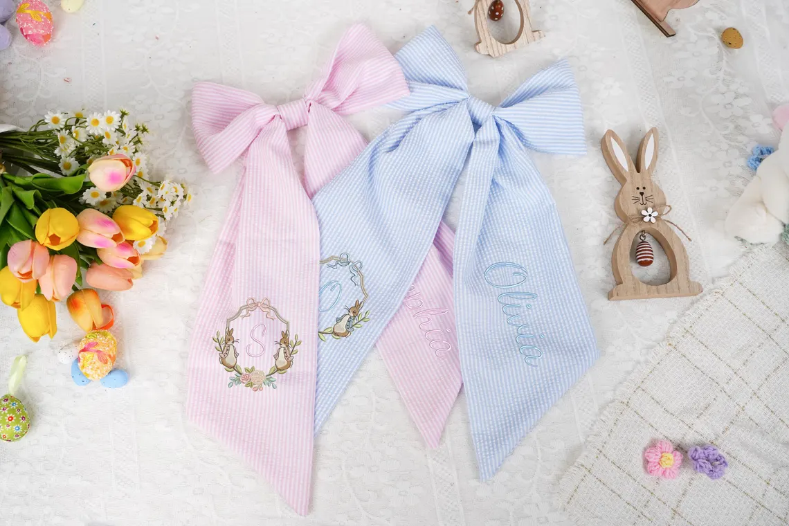 Custom Name Embroidered Bow for Easter Baskets & Spring Keepsakes