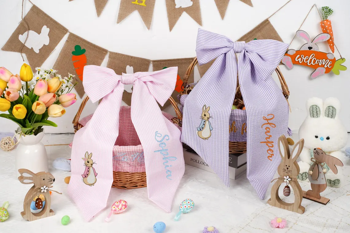 Custom Name Embroidered Bow for Easter Baskets & Spring Keepsakes - Image 3