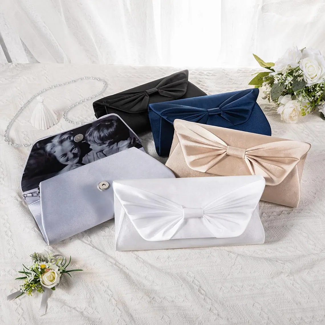 Personalized Silk Bow Tie Clutch with Hidden Photo Inside Something Old - Image 3