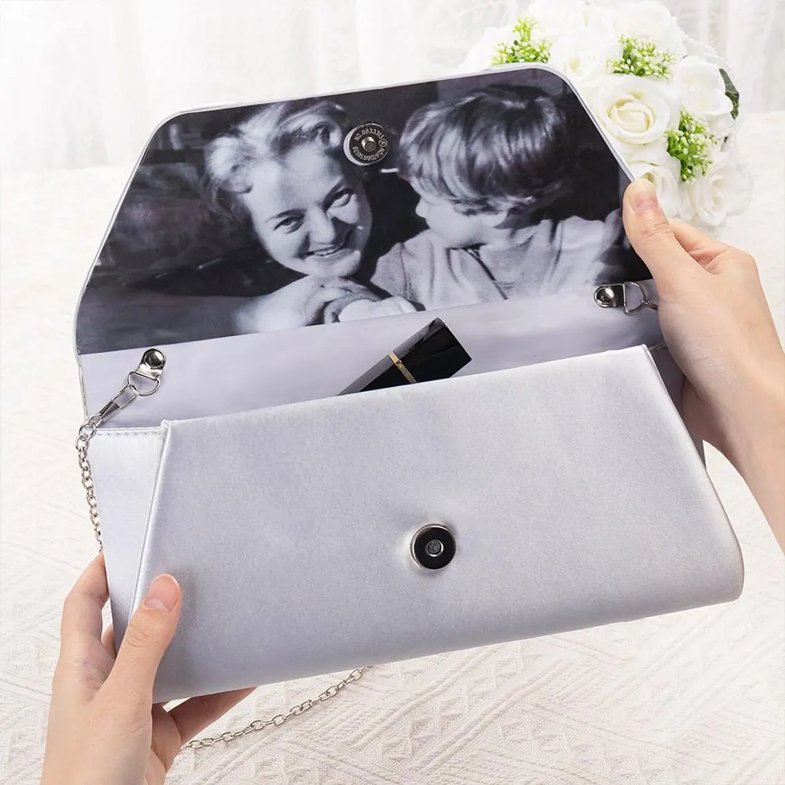 Personalized Silk Bow Tie Clutch with Hidden Photo Inside Something Old - Image 4