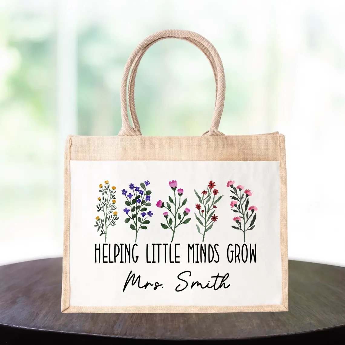 Personalized Teacher Jute Tote Bag – Custom Floral Appreciation Gift - Image 3