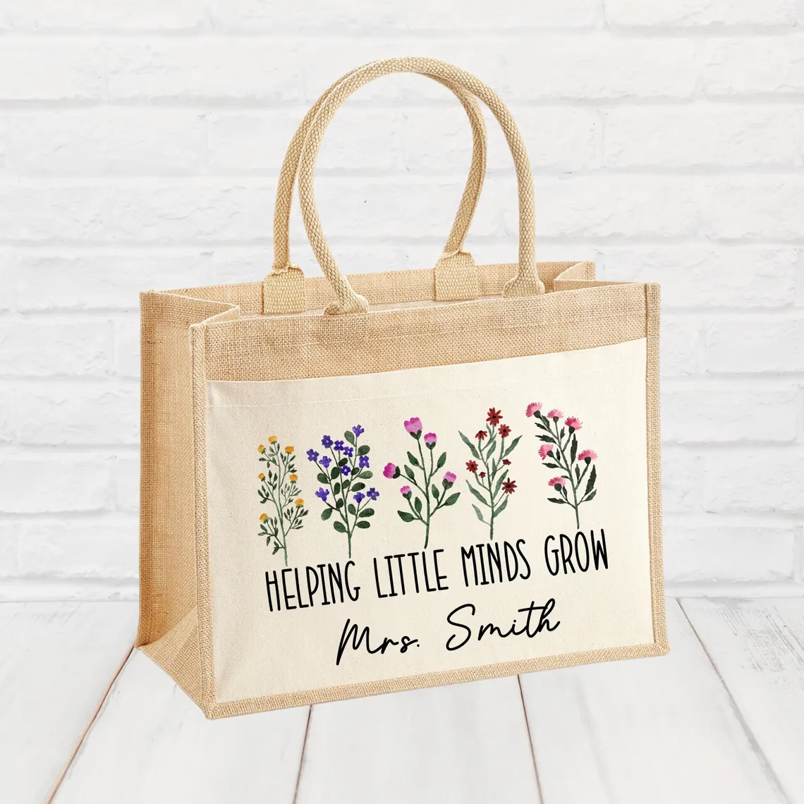 Personalized Teacher Jute Tote Bag – Custom Floral Appreciation Gift - Image 4