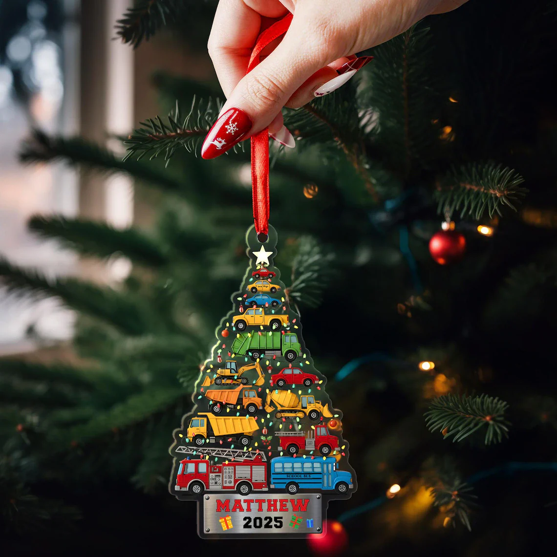Personalized Truck Christmas Ornament – Double-Sided Acrylic Kids Keepsake