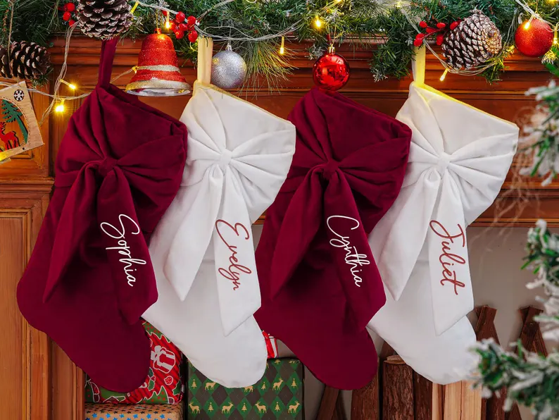 Personalized Velvet Christmas Stocking with Bow – Embroidered Name - Image 2