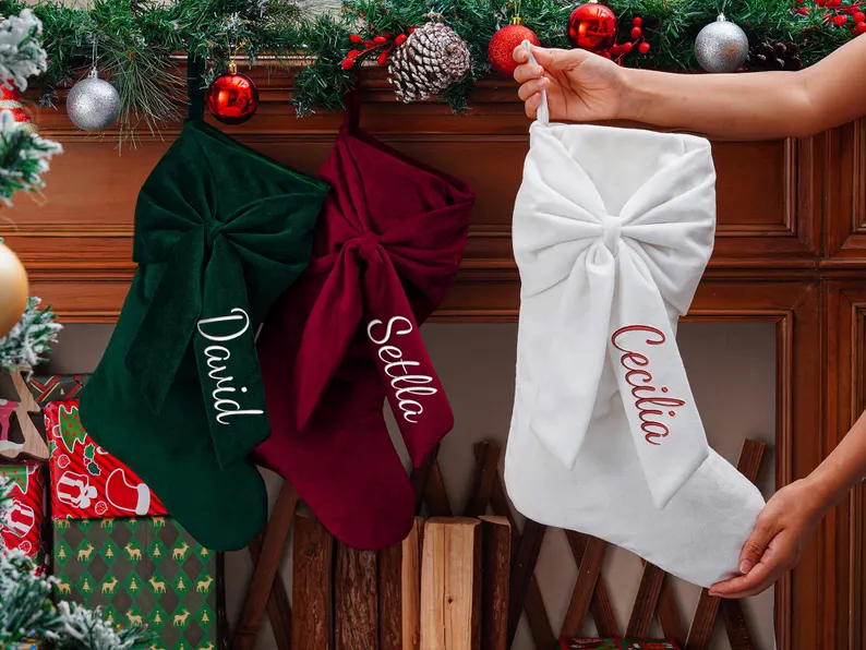 Personalized Velvet Christmas Stocking with Bow – Embroidered Name - Image 3