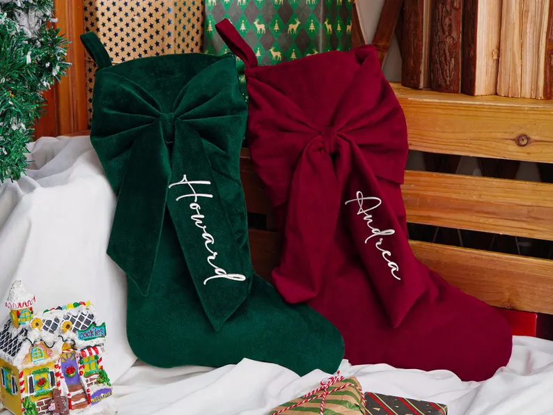 Personalized Velvet Christmas Stocking with Bow – Embroidered Name - Image 4