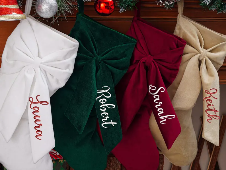 Personalized Velvet Christmas Stocking with Bow – Embroidered Name - Image 5