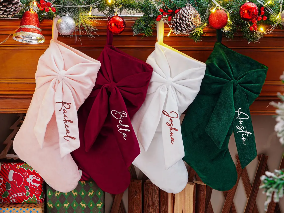 Personalized Velvet Christmas Stocking with Bow – Embroidered Name - Image 6