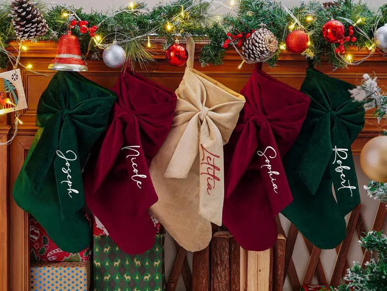 Personalized Velvet Christmas Stocking with Bow – Embroidered Name - Image 7