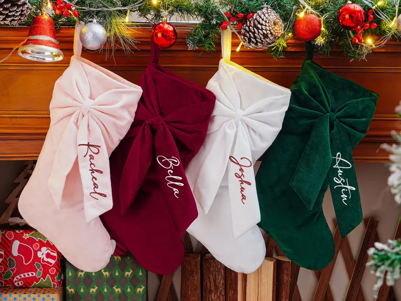 Personalized Velvet Christmas Stocking with Bow – Embroidered Name - Image 8