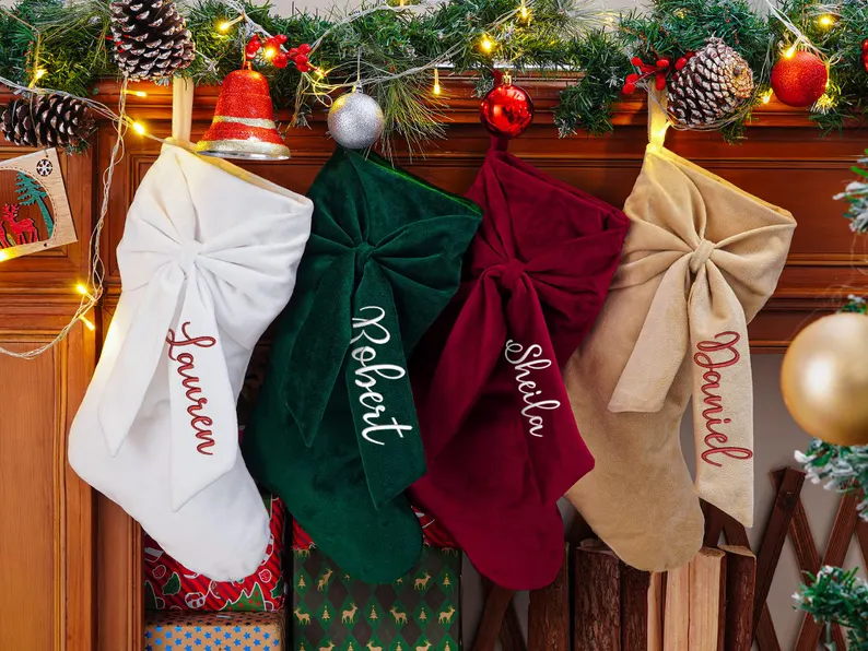 Personalized Velvet Christmas Stocking with Bow – Embroidered Name - Image 9
