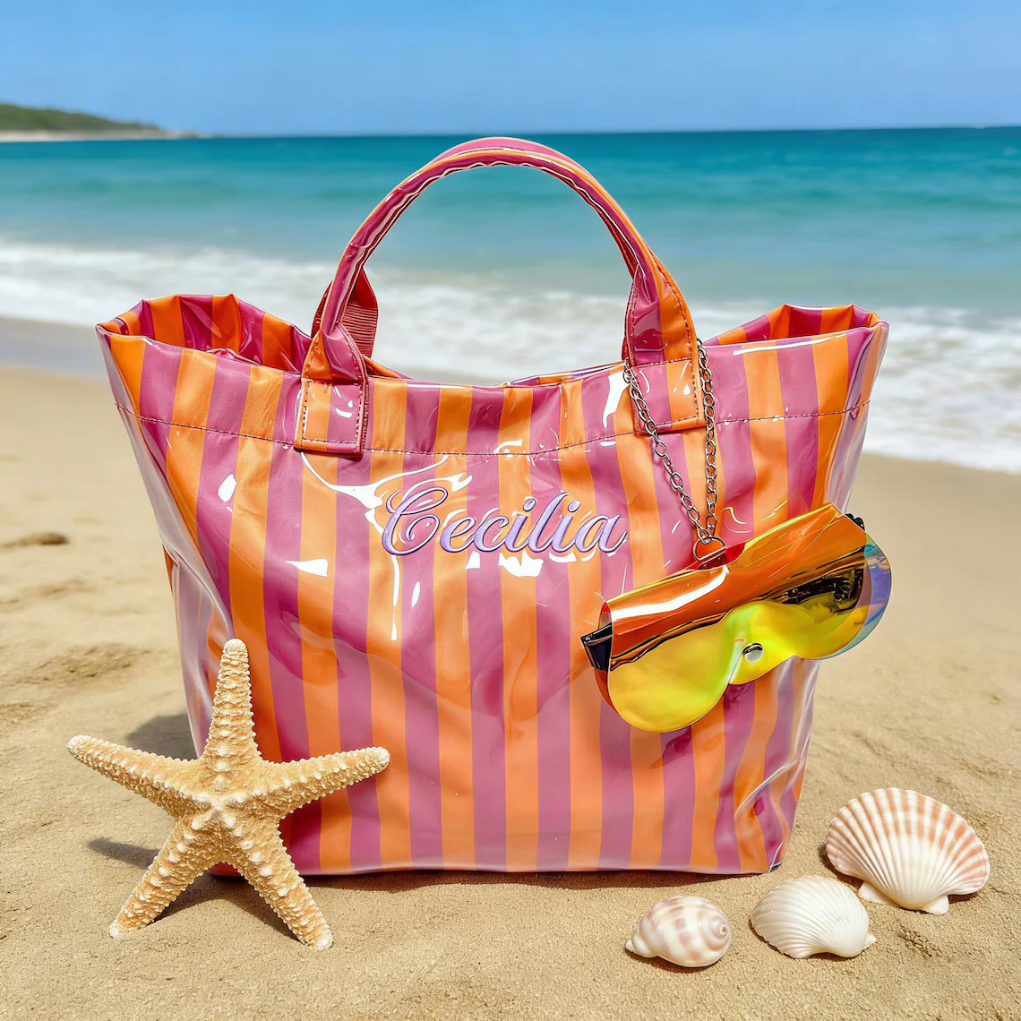 Personalized Waterproof Beach Tote Bag – Embroidered Name PVC Tote