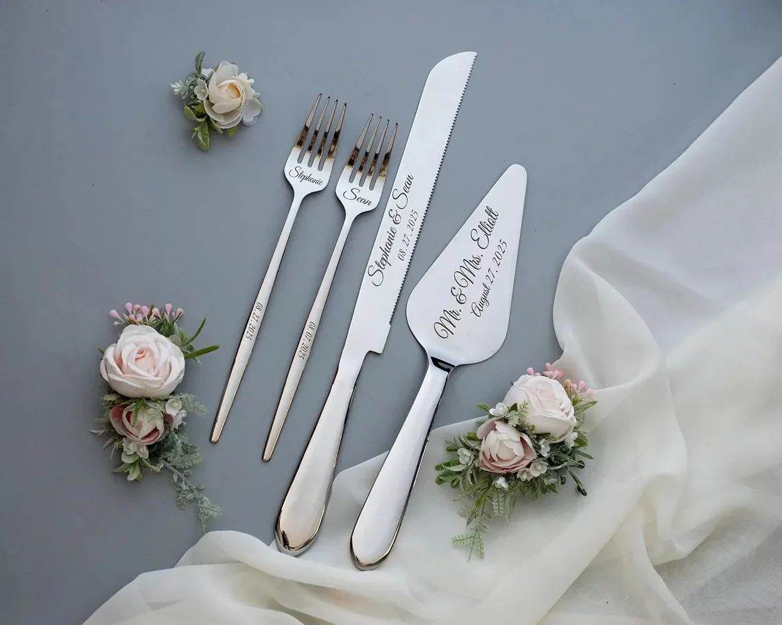 Personalized Wedding Cake Cutting Set – Knife, Server & Forks - Image 2