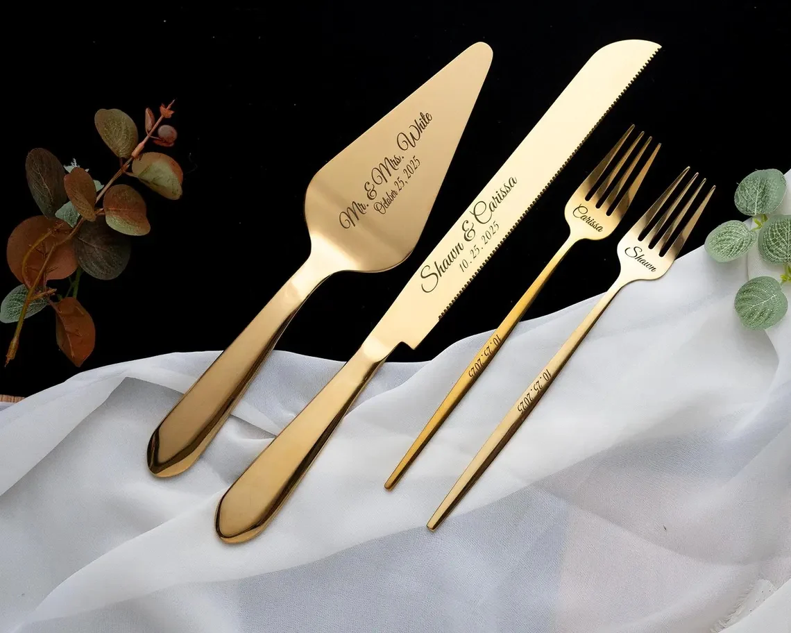 Personalized Wedding Cake Cutting Set – Knife, Server & Forks - Image 3